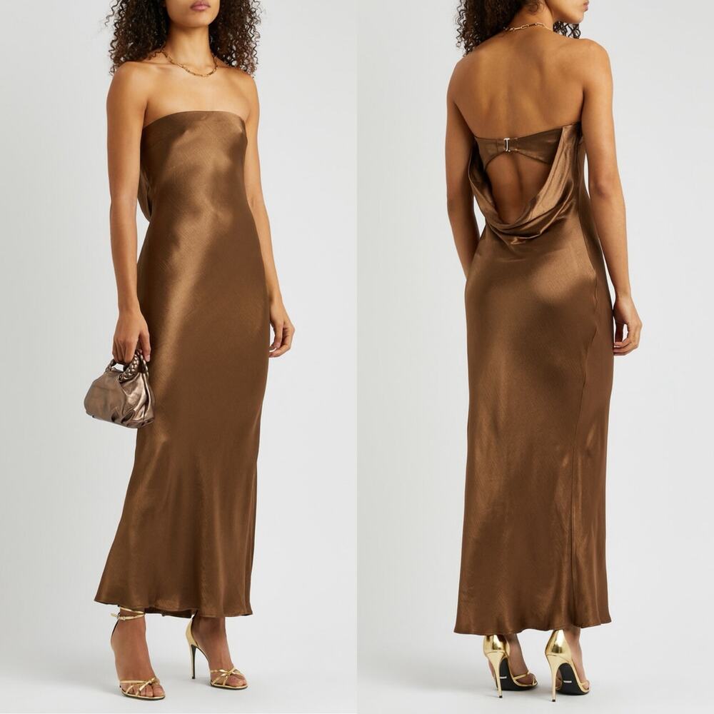 NWT Bec + Bridge Brown Strapless Satin Maxi Dress Women's Size 6 Cowl Back